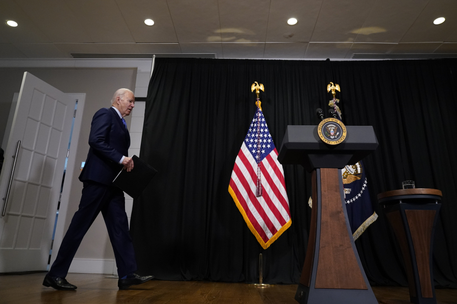 President Joe Biden arrives to speak to reporters in Nantucket, Mass., Sunday, Nov. 26, 2023, about hostages freed by Hamas in a third set of releases under a four-day cease-fire deal between Israel and Hamas.