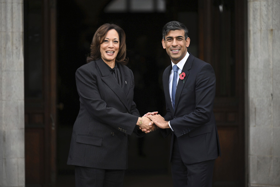 Britain's Prime Minister Rishi Sunak, right, welcomes US Vice President Kamala Harris, as she arrives, on the second day of the UK Artificial Intelligence (AI) Safety Summit, at Bletchley Park, in Bletchley, England, Thursday, Nov. 2, 2023. U.S. Vice President Kamala Harris and British Prime Minister Rishi Sunak are set to join delegates Thursday at a U.K. summit focused on containing risks from rapid advances in cutting edge artificial intelligence.