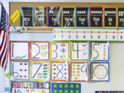 FILE - Instructional materials are posted on a wall of a kindergarten class in Maryland on Tuesday, Jan. 24, 2023. The proportion of U.S. kindergartners exempted from school attendance vaccination requirements has hit its highest level ever, 3%, U.S. health officials said Thursday, Nov. 9, 2023.