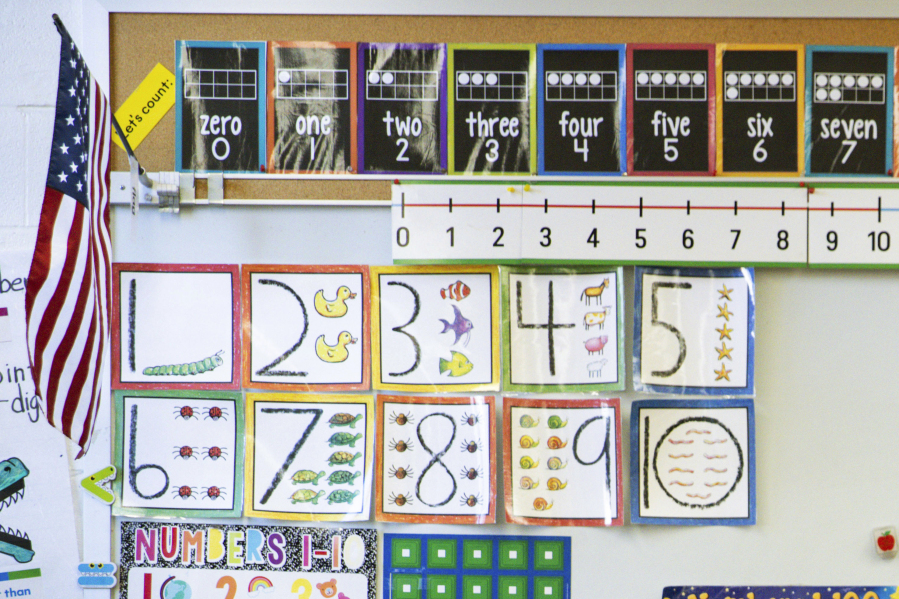 FILE - Instructional materials are posted on a wall of a kindergarten class in Maryland on Tuesday, Jan. 24, 2023. The proportion of U.S. kindergartners exempted from school attendance vaccination requirements has hit its highest level ever, 3%, U.S. health officials said Thursday, Nov. 9, 2023.