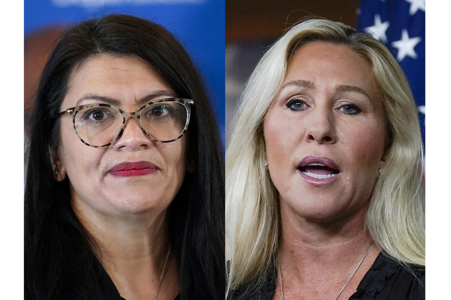 This combo image shows Rep. Rashida Tlaib, D-Mich., Feb. 18, 2022, left, and Rep. Marjorie Taylor Greene, R-Ga., May 18, 2023, right. The House is expected to consider resolutions that would censure Tlaib and Greene in a partisan tit-for-tat over inflammatory rhetoric.