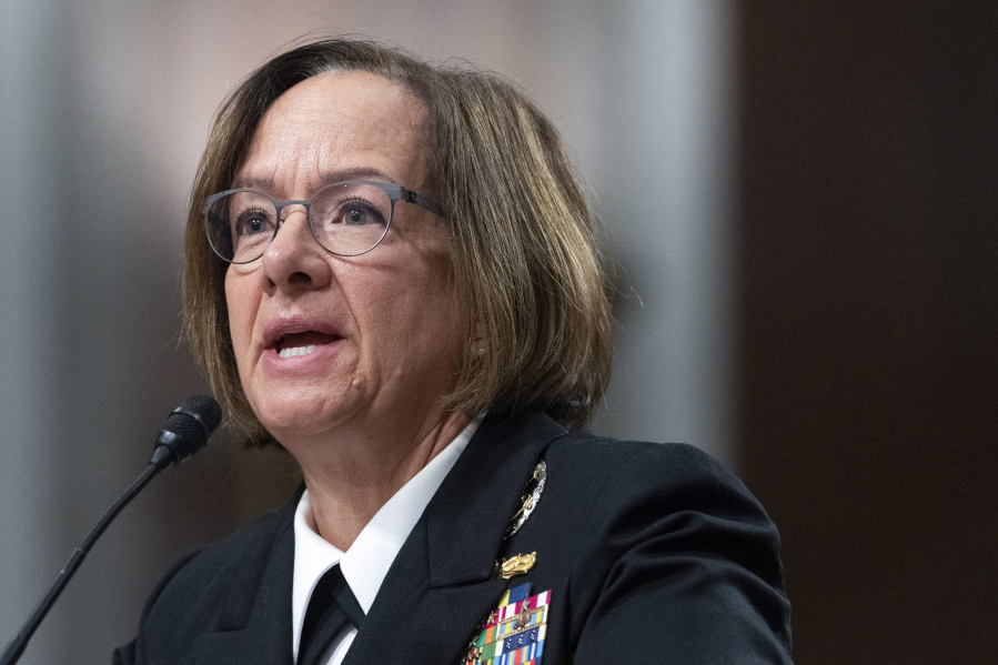 FILE - Navy Adm. Lisa Franchetti speaks during a Senate Armed Services Committee hearing on her nomination for reappointment to the grade of admiral and to be Chief of Naval Operations, Sept. 14, 2023, on Capitol Hill in Washington. The Senate circumvented a hold by Alabama Sen. Tommy Tuberville on Thursday and confirmed Franchetti to lead the Navy, making her the first woman to be a Pentagon service chief and the first female member of the Joint Chiefs of Staff.