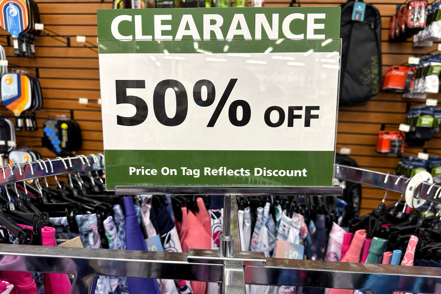 File - A clearance sign is displayed at a retail store in Downers Grove, Ill. on Aug 14, 2023. On Tuesday, the Labor Department issues its report on inflation at the consumer level in October. (AP Photo/Nam Y.