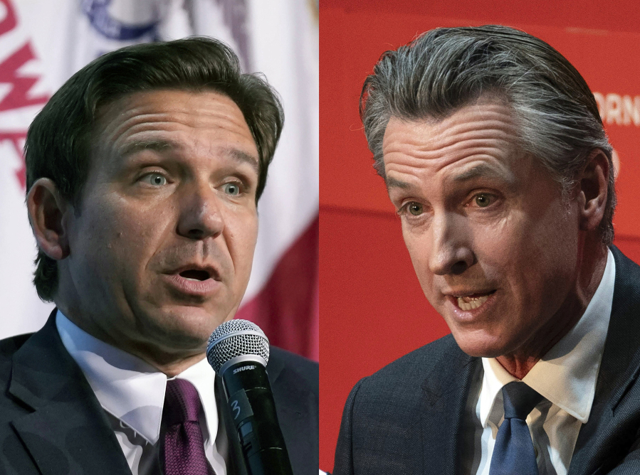 In this combination of photos, Republican presidential candidate Florida Gov. Ron DeSantis speaks on Sept. 16, 2023, in Des Moines, Iowa, at left, and California Gov. Gavin Newsom, speaks on Sept. 12, 2023, in Sacramento, Calif.