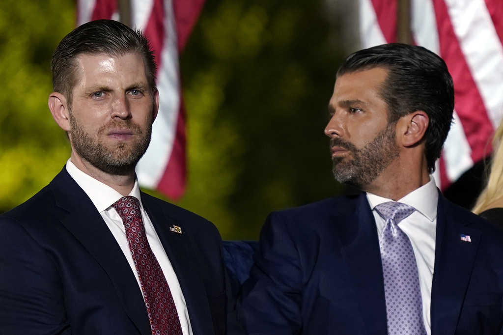 FILE - Eric Trump and Donald Trump Jr., wait for President Donald Trump to speak from the South Lawn of the White House, Aug. 27, 2020, in Washington. Donald Trump’s eldest sons are scheduled to testify in the New York civil fraud case that threatens their company’s future. Donald Trump Jr. and Eric Trump took over day-to-day management of their dad’s real estate empire when he became president. Donald Jr. is expected to testify Wednesday and Eric Trump on Thursday.