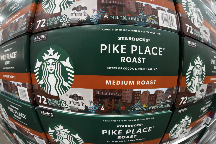 File - Starbucks Pike Place Roast K-Cup Pods are displayed in a Costco Warehouse in Pittsburgh on Jan. 26, 2023. Starbucks reports earnings on Thursday, Nov. 2, 2023. (AP Photo/Gene J.