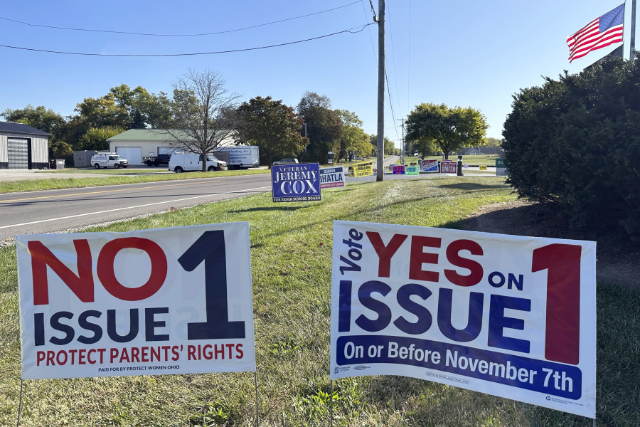 Signs for and against a proposed constitutional amendment to protect abortion rights in Ohio stand in front of the Greene County Board of Elections in Xenia, Ohio, Wednesday, Oct. 11, 2023, the first day of in-person voting.