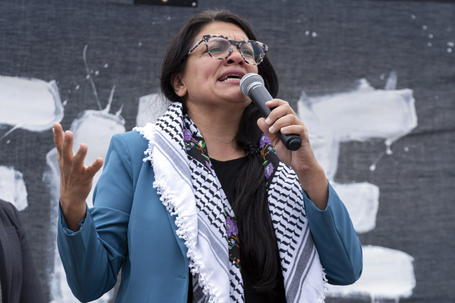 FILE - Rep. Rashida Tlaib, D-Mich., speaks during a rally at the National Mall during a pro-Palestinian demonstration in Washington, Oct. 20, 2023.