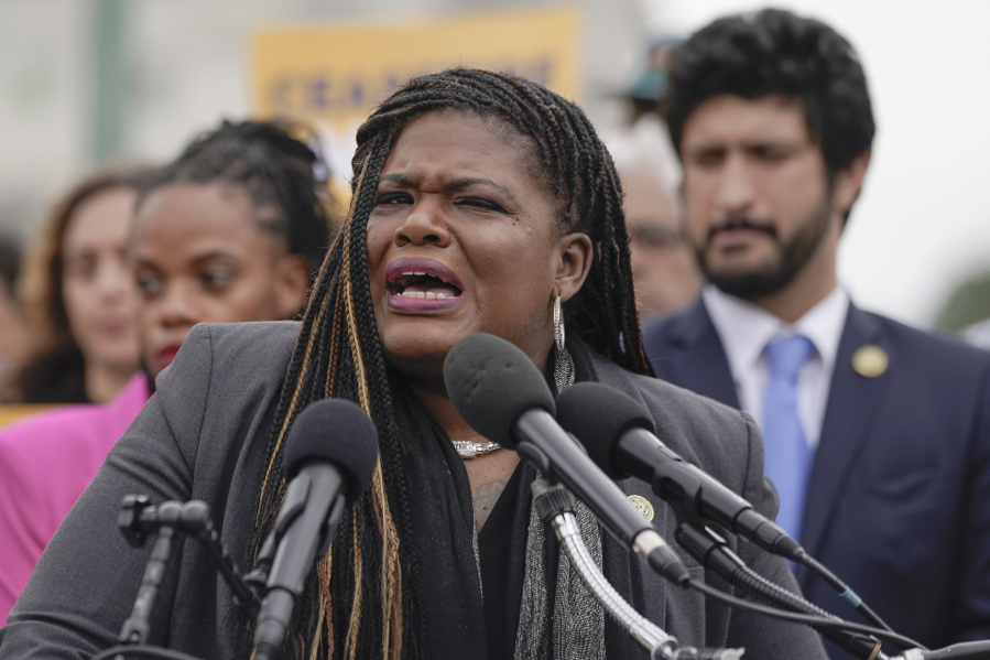 FILE - Rep. Cori Bush, D-Mo., talks during a news conference to call for a ceasefire in Israel and Gaza on Capitol Hill, Friday, Oct. 20, 2023, in Washington.