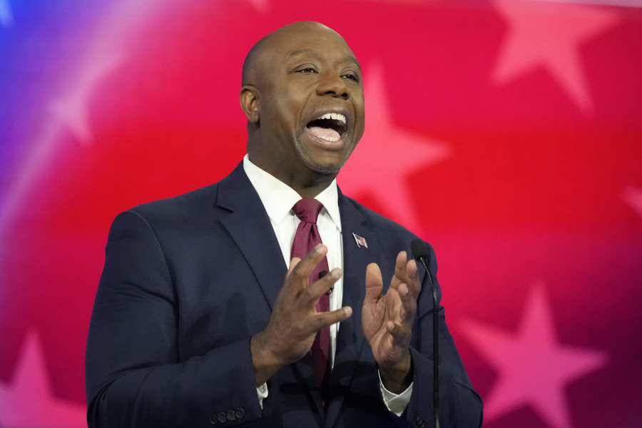 Republican presidential candidate Sen. Tim Scott, R-S.C., speaks during a Republican presidential primary debate hosted by NBC News, Wednesday, Nov. 8, 2023, at the Adrienne Arsht Center for the Performing Arts of Miami-Dade County in Miami.