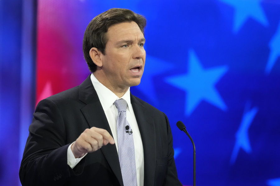 Republican presidential candidate Florida Gov. Ron DeSantis speaks during a Republican presidential primary debate hosted by NBC News, Wednesday, Nov. 8, 2023, at the Adrienne Arsht Center for the Performing Arts of Miami-Dade County in Miami.