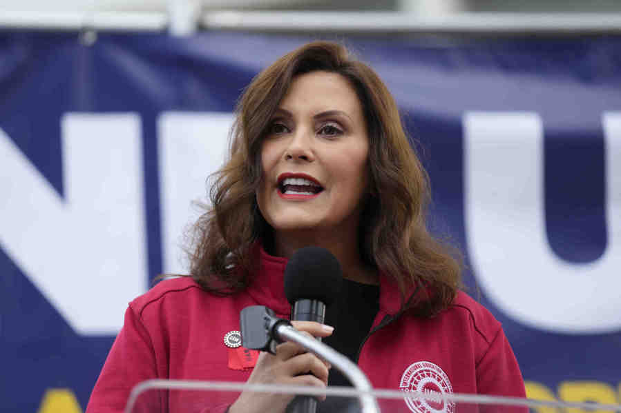 FILE - Michigan Gov. Gretchen Whitmer speaks to United Auto Workers members at a rally in Detroit, Sept. 15, 2023. Michigan Democrats have warned the White House that Biden's response to the Israel-Hamas war could put his reelection campaign in jeopardy in the key swing state next year. The state holds the largest concentration of Arab Americans in the nation and many in the community are pledging to coalesce against Biden's reelection campaign unless he calls for a ceasefire in the war.