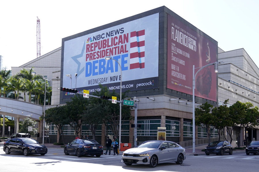 A billboard announcing the third Republican presidential debate in Miami is shown, Tuesday, Nov. 7, 2023, in downtown Miami. Five hopefuls will participate in the debate at the Adrienne Arsht Center for the Performing Arts of Miami-Dade County, according to the Republican National Committee. They are Florida Gov. Ron DeSantis, businessman Vivek Ramaswamy, former U.N. Ambassador Nikki Haley, Sen. Tim Scott, R-S.C., and former New Jersey Gov. Chris Christie.
