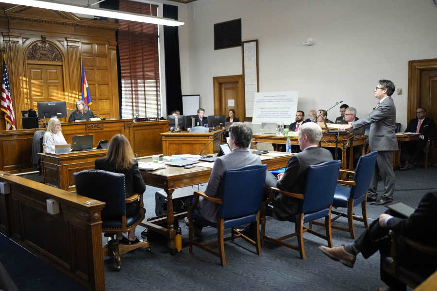 Sean Grimsley, attorney for the petitioners, delivers closing arguments in a hearing for a lawsuit to keep former President Donald Trump off the state ballot in court, Wednesday, Nov. 15, 2023, in Denver.