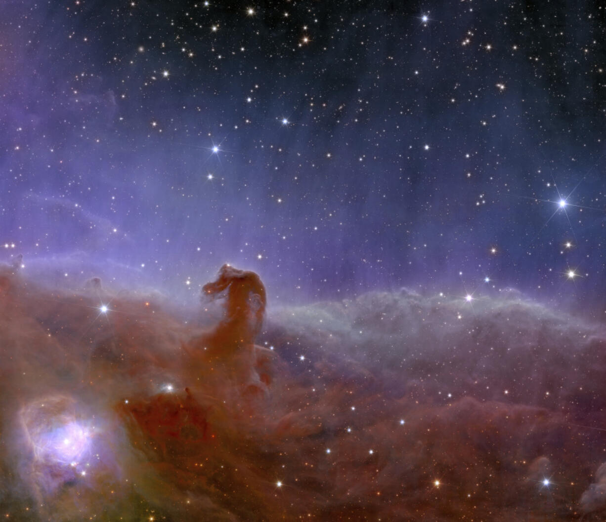 This image provided by the European Space Agency shows Euclid&rsquo;s panoramic view of the Horsehead Nebula. The European Space Agency released Euclid&rsquo;s first photos Tuesday, Nov. 7, 2023 four months after the spacecraft was launched from Florida to study the dark universe, invisible yet everywhere. Euclid will observe billions of galaxies, creating the largest 3D map ever made of the cosmos, in order to better understand the dark energy and matter that make up 95 percent of the universe.