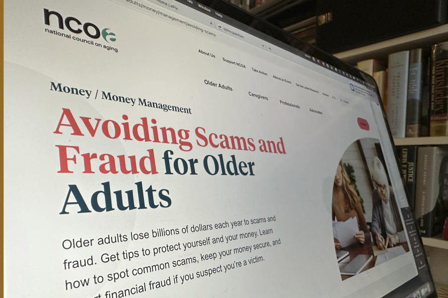 A page from the National Council on Aging website is shown in this photo taken Thursday, Nov. 9, 2023 in New York. In 2022, consumers lost $8.8 billion to scammers. And older adults lost the highest amount of money compared to other age groups, according to the Federal Trade Commission.