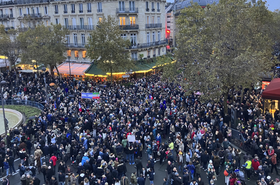 Thousands gather for a march against antisemitism in Paris, France, Sunday, Nov. 12, 2023. French authorities have registered more than 1,000 acts against Jews around the country in a month since the conflict in the Middle East began.