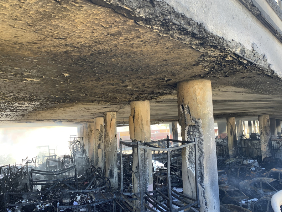 The aftermath from a fire under Interstate 10 that severely damaged the overpass in an industrial zone near downtown Los Angeles on Saturday.
