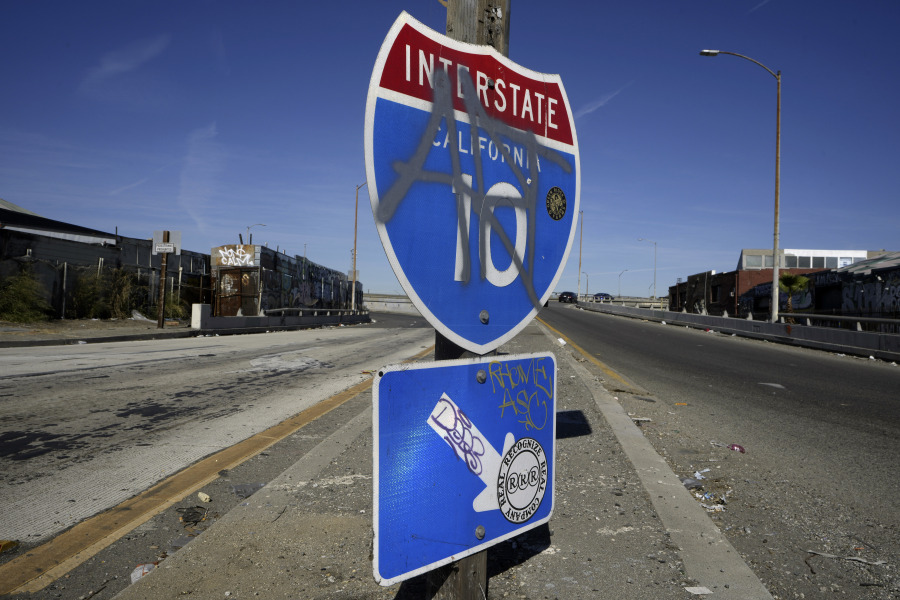 A ramp to Interstate 10 is seen in Los Angeles, Tuesday, Nov. 14, 2023. California Gov. Gavin Newsom says a stretch of I-10 in Los Angeles that was burned in an act of arson does not need to be demolished, and that repairs will take an estimated three to five weeks.