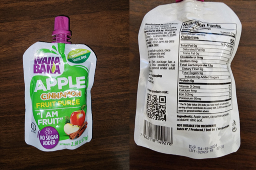 FILE - This photo provided by the U.S. Food and Drug Administration on Oct. 28, 2023, shows a WanaBana apple cinnamon fruit puree pouch. On Monday, Nov. 13, 2023, U.S. health officials are warning doctors to be on the lookout for possible cases of lead poisoning in children after at least 22 toddlers in 14 states were sickened by lead linked to tainted pouches of cinnamon apple puree and applesauce. Brands include WanaBana brand apple cinnamon fruit puree and Schnucks and Weis brand cinnamon applesauce pouches. The products were sold in stores and online.