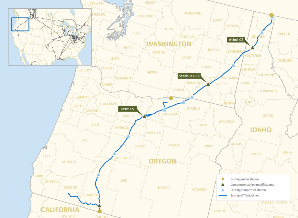 A map of the Gas Transmission Northwest Express pipeline, or GTN Express, from the Idaho-Canada border to Southern Oregon.