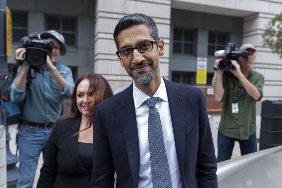 Google and Alphabet Inc. CEO Sundar Pichai leaves the federal courthouse in Washington, Monday, Oct. 30, 2023.
