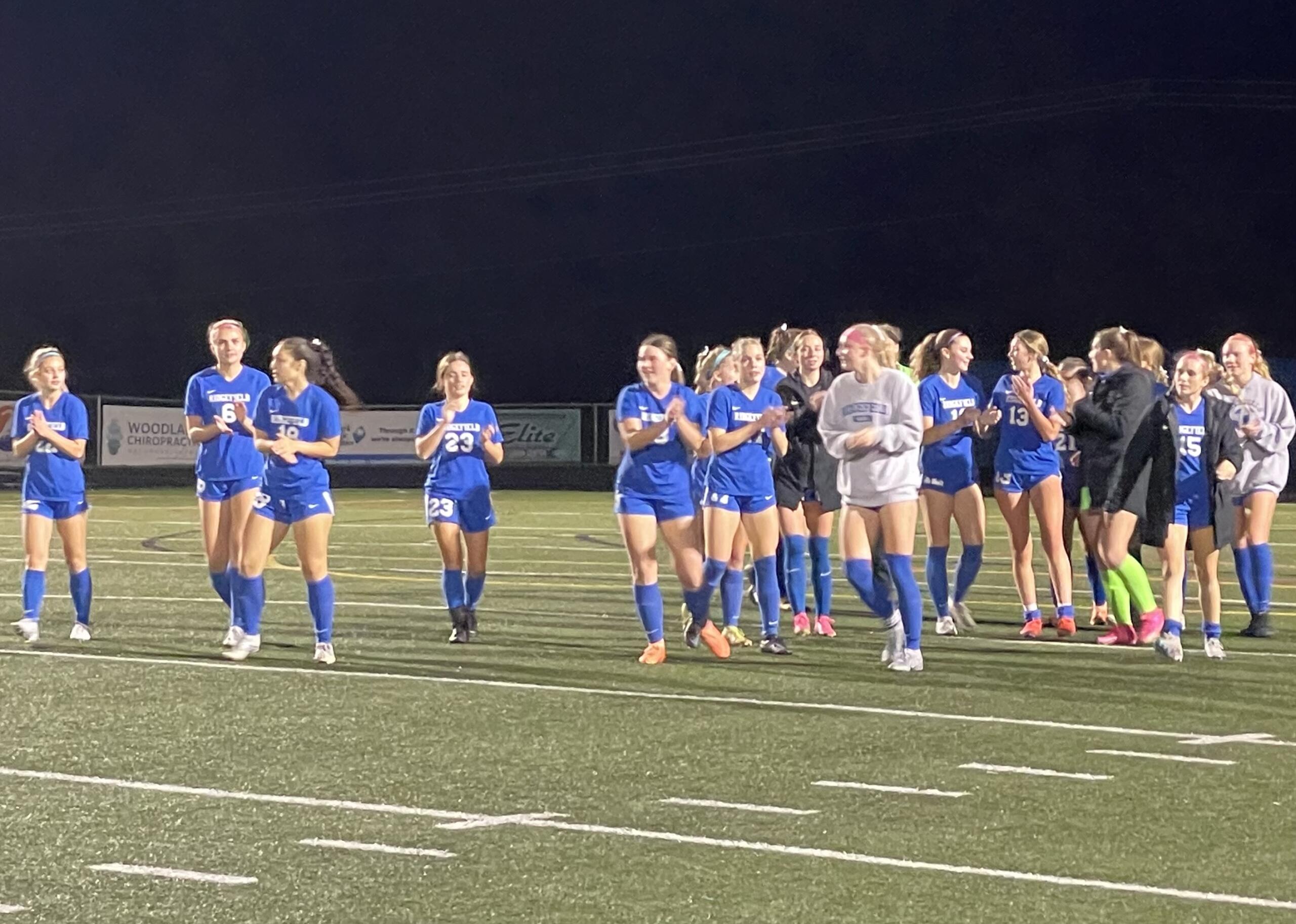 Ridgefield players applaud the home crowd after the Spudders' 3-0 win over Hockinson in the Class 2A district girls soccer semifinals on Thursday, Nov. 2, 2023, at Ridgefield High School.
