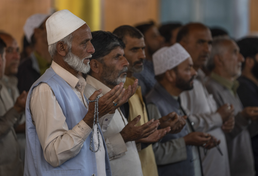 FILE- Kashmiris pray for Palestinians killed in Israel&rsquo;s military operations in Gaza, inside a mosque in Budgham, northeast of Srinagar, Indian controlled Kashmir, Oct. 13, 2023. In Indian-controlled Kashmir, known for its vocal pro-Palestinian stance, authorities have barred any solidarity protest and asked Muslim preachers not to mention the conflict in their sermons. Analysts say the new restrictions on speech reflect a shift in India&rsquo;s foreign policy under the populist Prime Minister Narendra Modi away from its long-held support for the Palestinians.