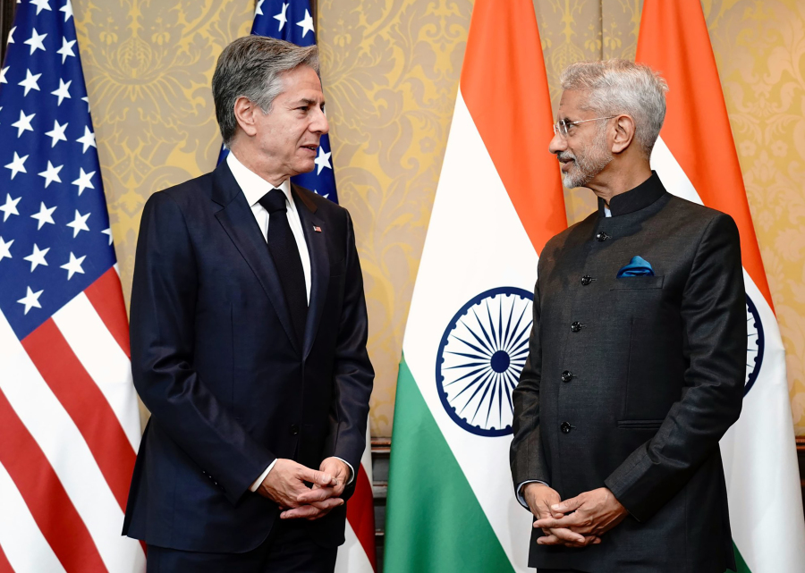 This handout photo obtained from the Indian Foreign Minister S. Jaishanker&rsquo;s page on X, formerly Twitter, shows U.S. Secretary of State Antony Blinken with Jaishankar in New Delhi, India, Friday, Nov. 10, 2023. The top diplomats and defense chiefs of India and the United States met in New Delhi focusing on security issues in the Indo-Pacific, China and the Israel-Hamas war. (Indian Foreign Minister S.