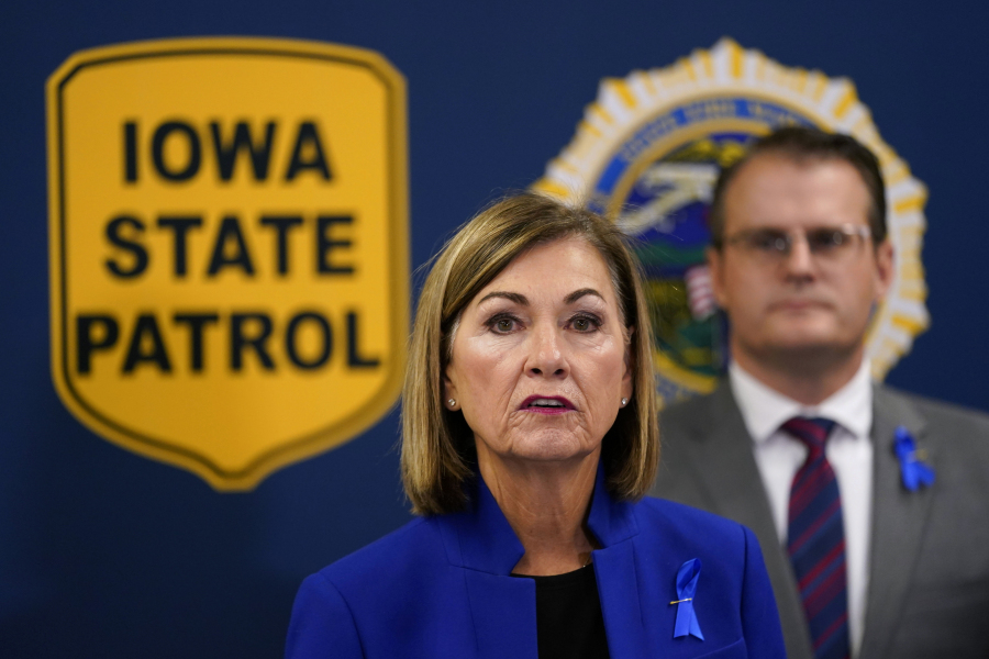 Iowa Gov. Kim Reynolds speaks during a news conference about the Iowa National Guard and Iowa Department of Public Safety deployment to the southern border, Wednesday, Oct. 25, 2023, in Des Moines, Iowa.