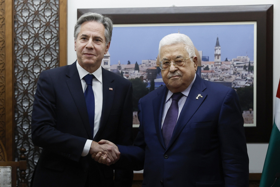 U.S. Secretary of State Antony Blinken meets with Palestinian President Mahmoud Abbas amid the ongoing conflict between Israel and the Palestinian Islamist group Hamas, at the Muqata in Ramallah in the Israeli-occupied West Bank, Sunday, Nov. 5, 2023.