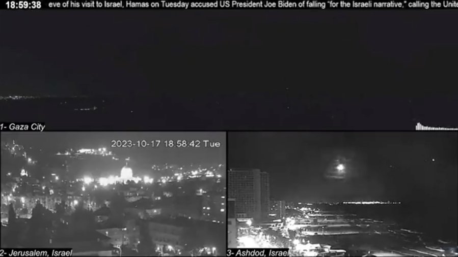 This screenshot includes footage in the lower right hand corner from a livestream camera in the Israeli beach town of Bat Yam, just south of Tel Aviv. On the night of Oct. 17, the camera captured a rocket explosion in mid-air over Israel, as well as a barrage of rockets fired from within Palestinian territory seconds before an explosion rocked the al-Ahli Arab Hospital.