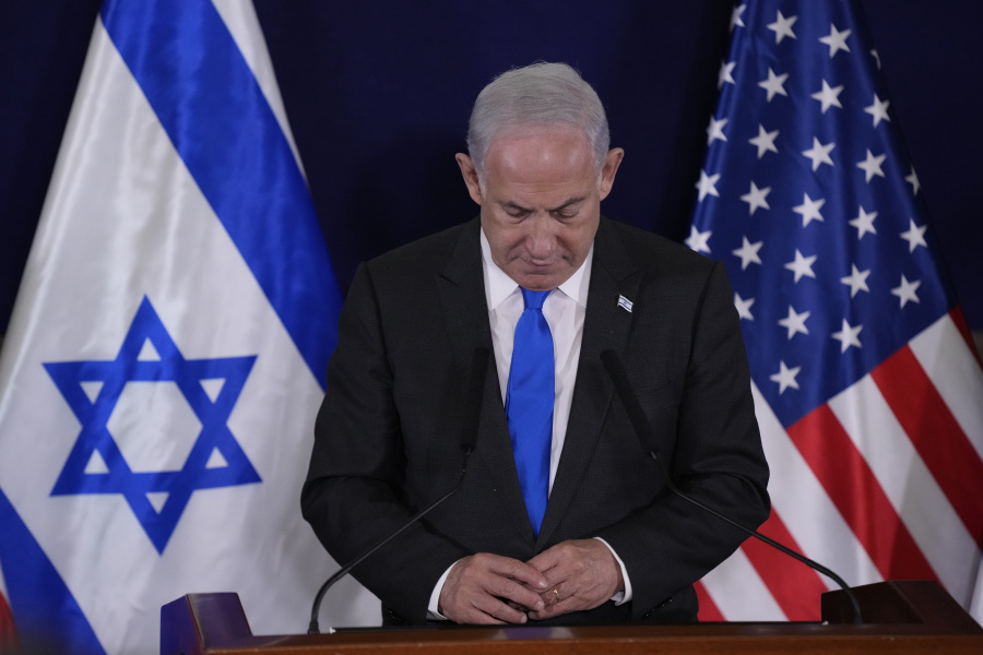 FILE - Israel's Prime Minister Benjamin Netanyahu make statements with the U.S. Secretary of State Antony Blinken to the media, inside The Kirya, which houses the Israeli Ministry of Defense, after their meeting in Tel Aviv, Thursday Oct. 12, 2023. A growing list of Israeli officials have accepted responsibility for failing to prevent Hamas' brutal attack on Israeli communities during the Oct. 7 incursion that triggered the current Israel-Hamas war. Conspicuously absent from that roll call is Prime Minister Benjamin Netanyahu.