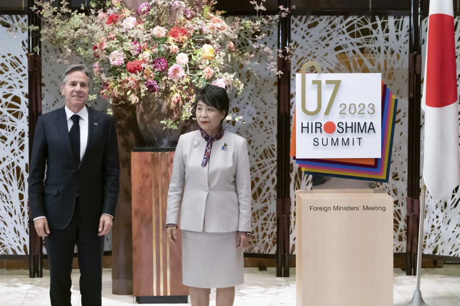 U.S. Secretary of State Antony Blinken, left, and Japan&rsquo;s Foreign Minister Yoko Kamikawa, ahead of the working dinner during the G7 Foreign Ministers&rsquo; Meeting at the Iikura Guest House, Tuesday Nov. 7, 2023 in Tokyo, Japan.