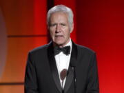 FILE - In this April 30, 2017, file photo, Alex Trebek speaks at the 44th annual Daytime Emmy Awards at the Pasadena Civic Center in Pasadena, Calif. Trebek says he's already rehearsed what he's going to say to the audience on his final show. Trebek, host of the popular game show since 1984, announced last March that he'd been diagnosed with stage 4 pancreatic cancer but will continue his job while still able. In an interview on ABC-TV broadcast Thursday, Trebek said he'll ask the director to leave him 30 seconds at the end of his last taping.