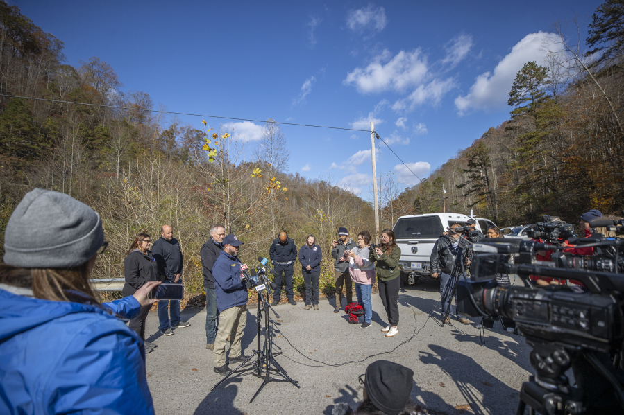 Kentucky Emergency Management Director Jeremy Slinker speaks to members of the media about the rescue operation underway for a worker trapped inside a collapsed coal preparation plant in Martin County, south of Inez, Ky., on Wednesday, Nov. 1, 2023. Officials said one worker died. (Ryan C.