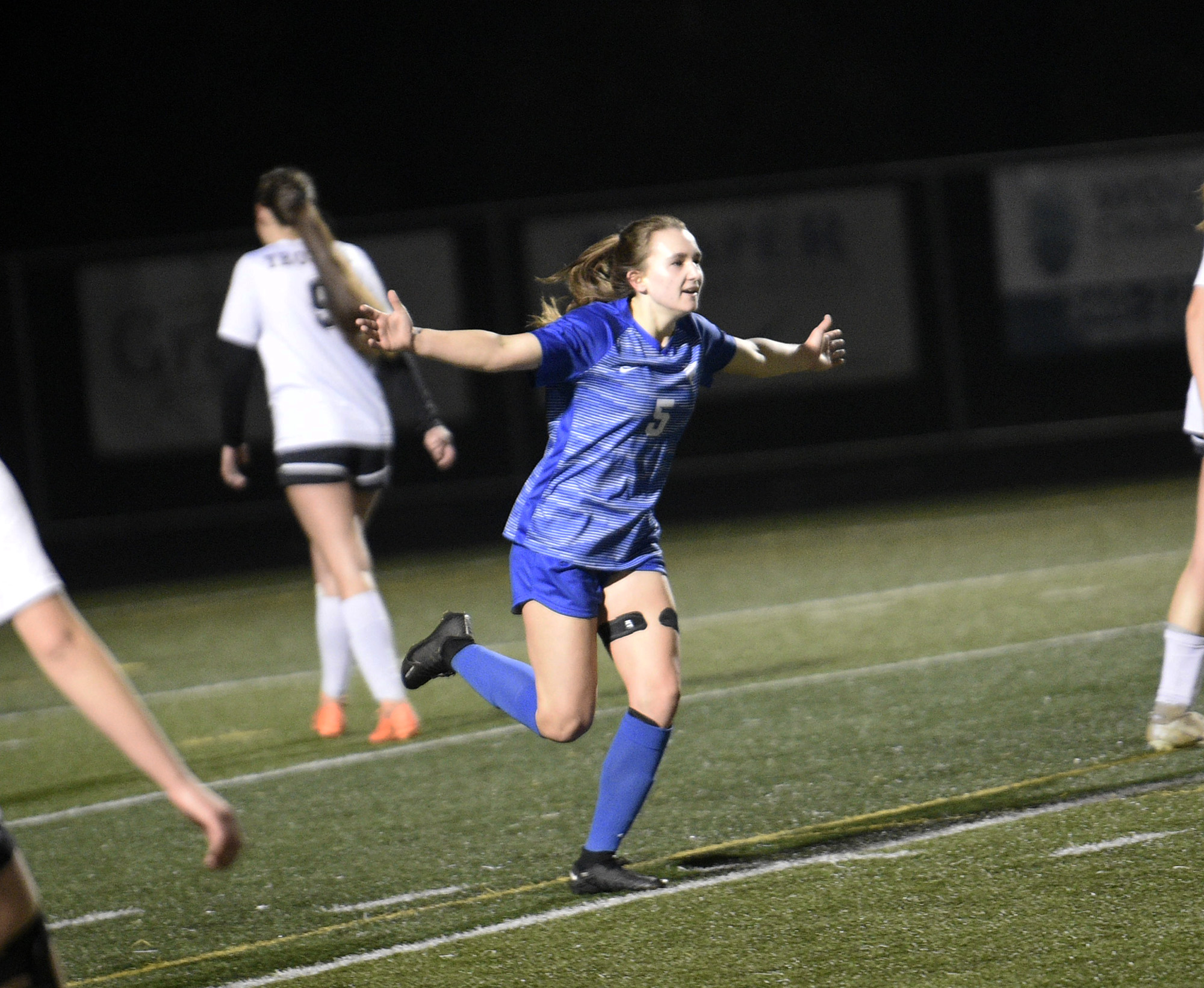 Shaela Bradley of La Center celebrates her first goal during the Wildcats’ 3-2 win over Meridian of Bellingham in a Class 1A girls soccer state tournament first-round match at Woodland High School on Wednesday, Nov. 8, 2023.