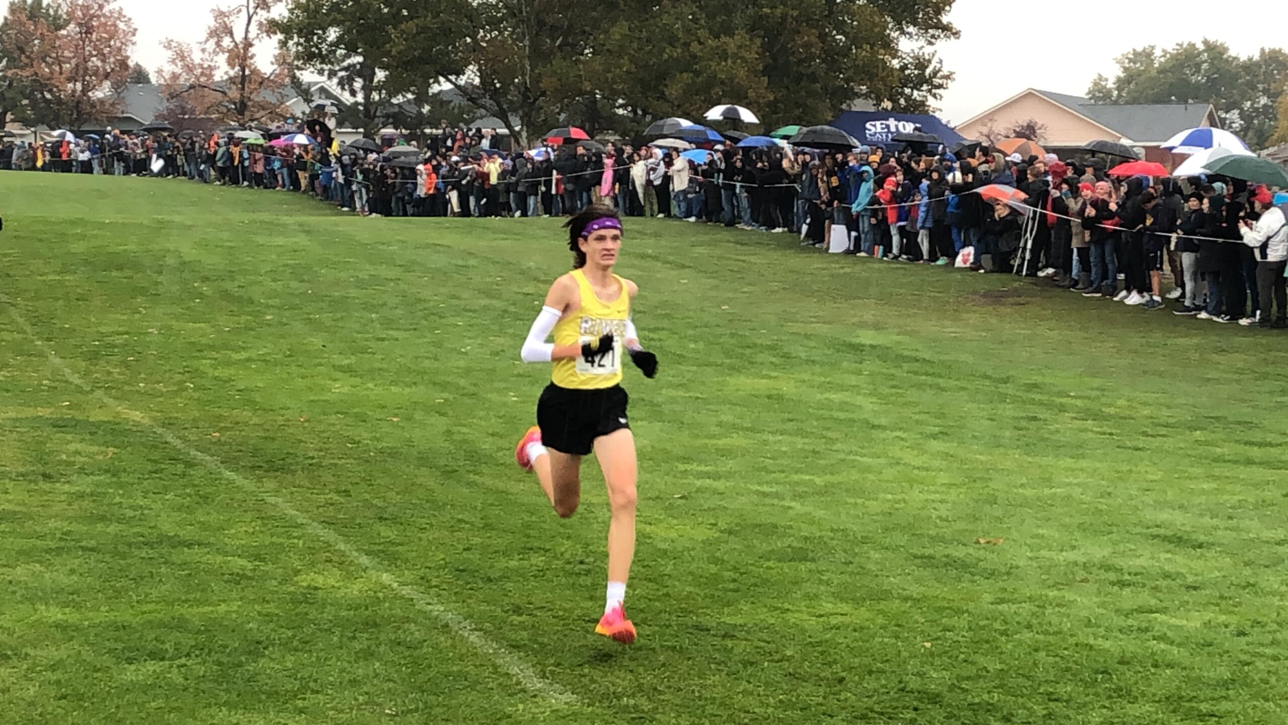 Columbia River junior Jacob McManus approaches the finish line to place second in the Class 2A boys race at the state cross country championships on Saturday, Nov, 4, 2023 in Pasco.