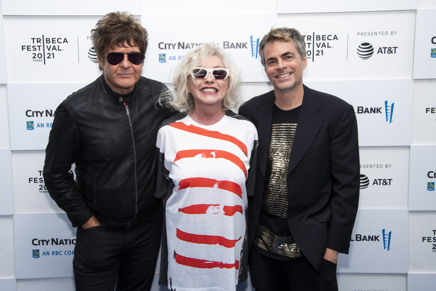 Clem Burke, from left, Debbie Harry and Rob Roth attend a screening of &ldquo;Blondie: Vivir En La Habana&rdquo; during the 20th Tribeca Festival in New York on June 16, 2021. The band Blondie is among the nominees for the 2024 Songwriters Hall of Fame.