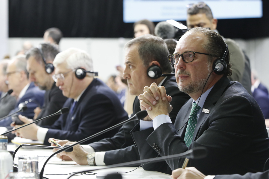 Austria&rsquo;s foreign minister Alexander Schallenberg, right, attends the plenary session of the OSCE (Organization for Security and Co-operation in Europe) Ministerial Council meeting, in Skopje, North Macedonia, on Thursday, Nov. 30, 2023.