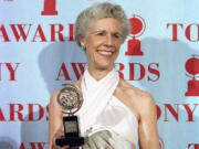 FILE - Actress Frances Sternhagen holds her award for best featured actress in a play for her performance in &ldquo;The Heiress&rdquo; during the Tony Awards in New York on June 4, 1995. Sternhagen, the veteran character actor who won two Tony Awards and became a familiar maternal face to TV viewers later in life in such shows as &ldquo;Cheers,&rdquo; &ldquo;ER,&rdquo; &ldquo;Sex and the City&rdquo; and &ldquo;The Closer,&rdquo; has died. She was 93.