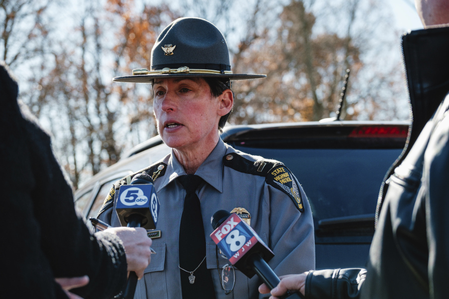 Laura Taylor, New Philadelphia post commander of the Ohio State Highway Patrol, talks with the media, Tuesday, Nov. 14, 2023, outside Tuscarawas Valley Middle/High School in Zoarville, Ohio. A charter bus filled with high school students was rear-ended by a semitruck on an Ohio highway earlier in the day, leaving several people dead and multiple others injured.