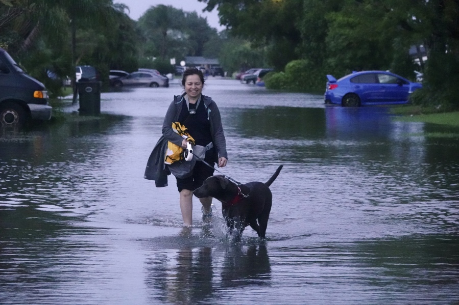 Bernadette Romero Eden walks her dog &ldquo;Pitaya&rdquo; on a flooded street in Oakland Park Fla., Thursday, Nov. 16, 2023.