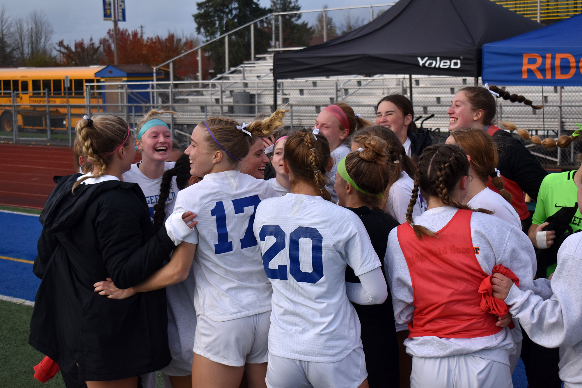 The Ridgefield girls soccer team celebrate their 2-1 win over Fife on penalty kicks in the Class 2A state quarterfinal at Fife High School on Saturday, No. 11, 2023.