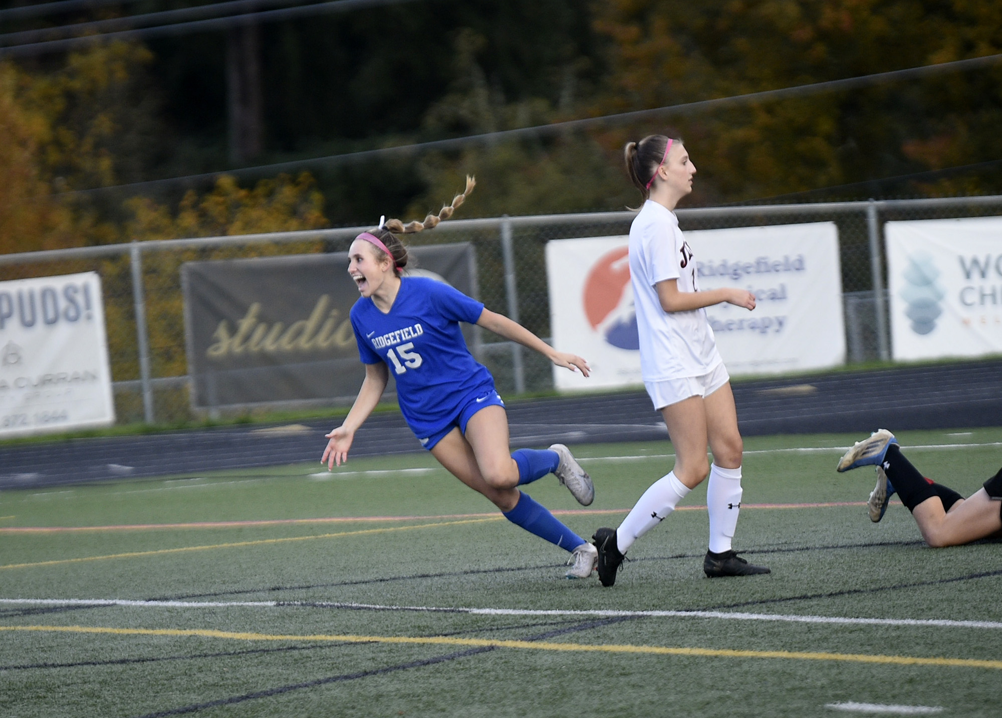 Ridgefield junior Tori Lasch celebrates after scoring a goal in the Spudders’ 3-0 win over R.A. Long in the Class 2A girls soccer district championship game at Ridgefield High School on Saturday, Nov. 4, 2023.