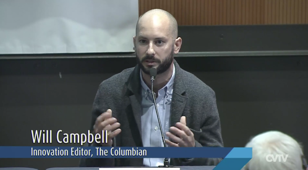 Columbian Innovation Editor Will Campbell talks about bias and editorial boards at a local news forum sponsored by the League of Women Voters Clark County at the FVRLibrary Community Library in Vancouver on Thursday night.