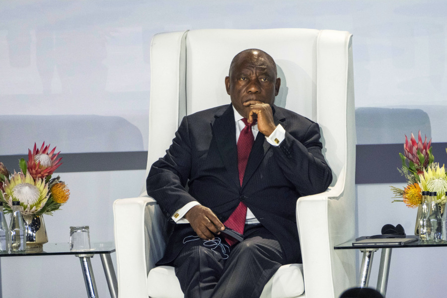 FILE - South African President Cyril Ramaphosa listens during the BRICS group of emerging economies three-day summit in Johannesburg, South Africa, Tuesday, Aug. 22, 2023. Ramaphosa says his country has filed a referral to the International Criminal Court for an investigation into alleged war crimes committed by Israel in Gaza. The move comes as South African lawmakers on Thursday, Nov. 16, 2023 were expected to debate a motion calling for the closure of the Israeli Embassy in South Africa and the cutting of all diplomatic ties with the country until it agrees to a cease-fire.