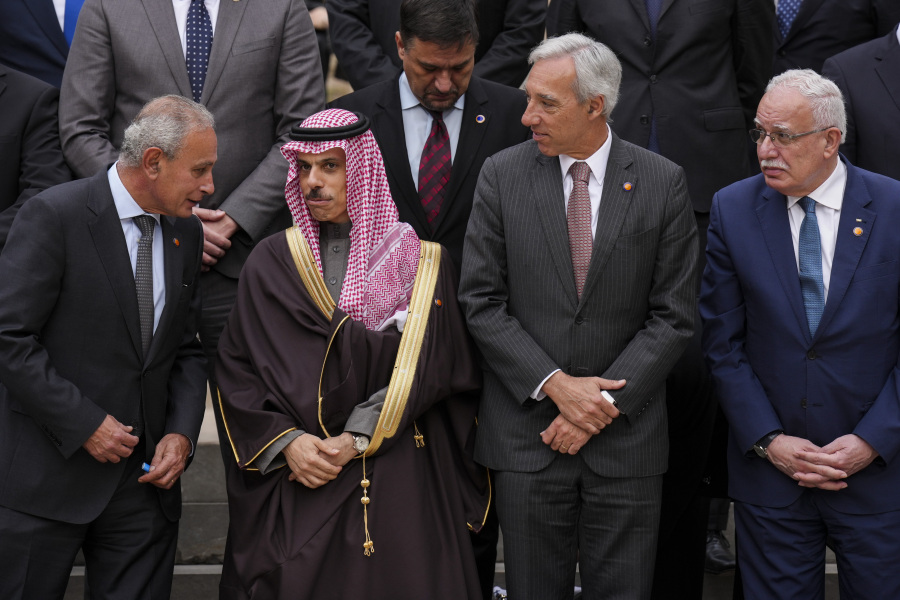 From left to right: Secretary General of the Union for the Mediterranean Nasser Kamel, Ministry of Foreign Affairs of Saudi Arabia Prince Faisal bin Farhan Al-Saud, Portugal&rsquo;s Foreign Minister Joao Gomes Cravinho, Palestinian Foreign Minister Riad al-Malki during a family picture with members of European Union member states, Middle East and northern Africa countries at the Union for the Mediterranean event in Barcelona, Spain, Monday, Nov. 27, 2023.