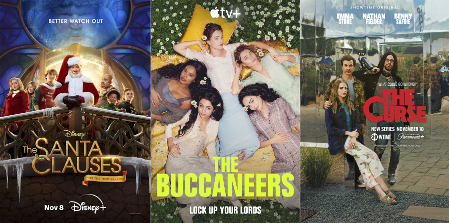 This combination of images shows promotional art for the second season of &ldquo;The Santa Clauses,&rdquo; from left, the eight-episode series &ldquo;The Buccaneers,&rdquo; and a new series &ldquo;The Curse,&rdquo; starring Emma Stone.