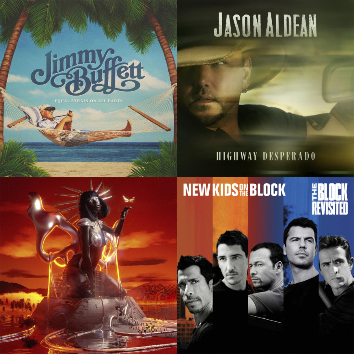 This combination of images shows album art for "Equal Strain on All Parts" by Jimmy Buffett, clockwise from top left, "Highway Desperado" by Jason Aldean, "The Block: Revisited" by New Kids on the Block and "Sweet Justice" by Tkay Maidza.